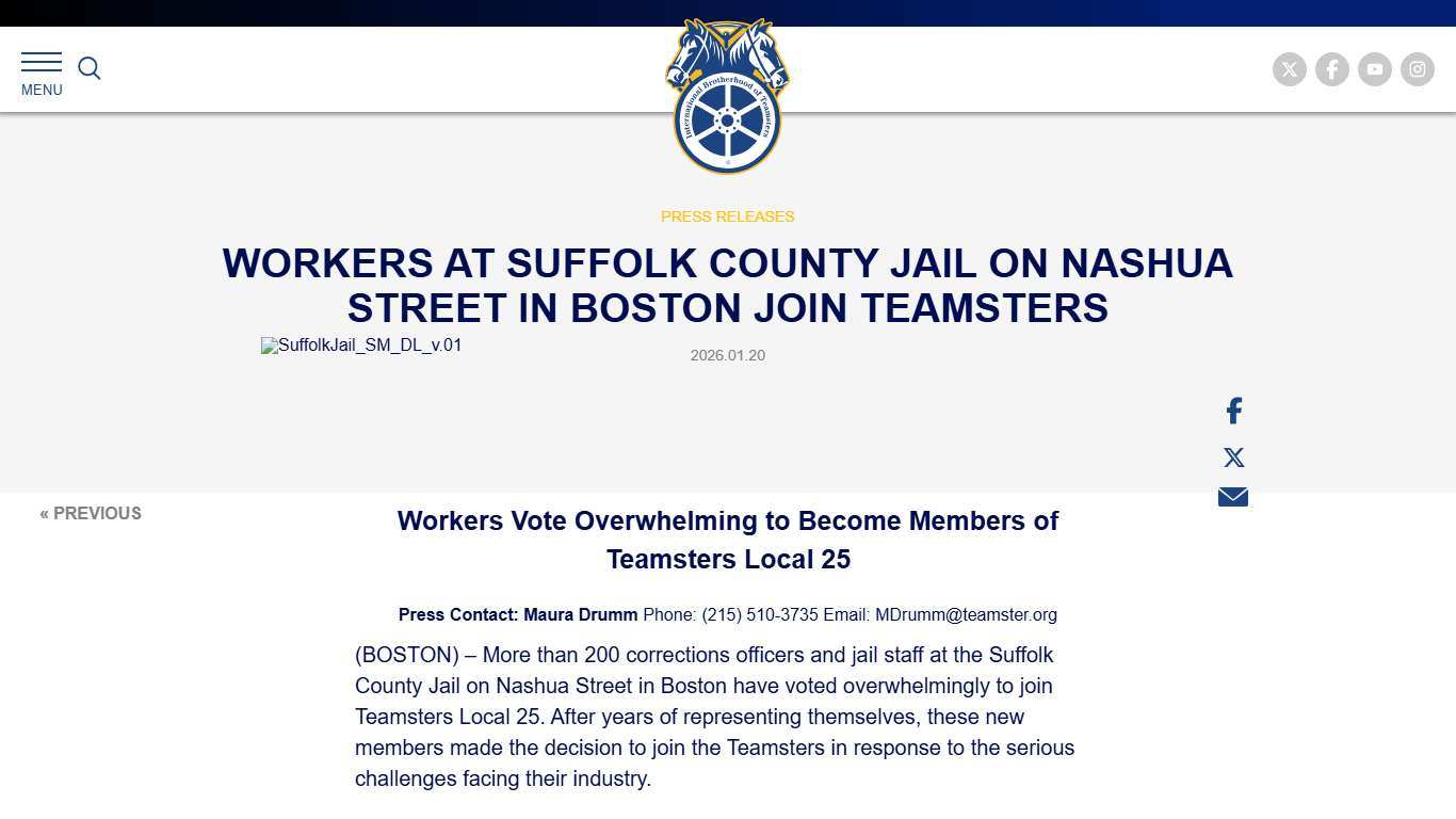 Workers at Suffolk County Jail on Nashua Street in Boston Join Teamsters - International Brotherhood of Teamsters
